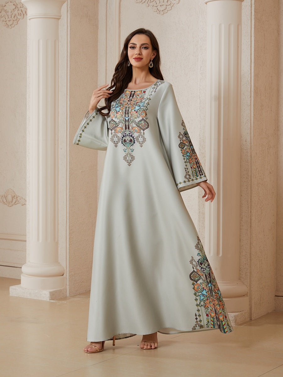 Eid Hotfix Rhinestones Printed Caftan Kaftan Dress Jalabiya #26S2602