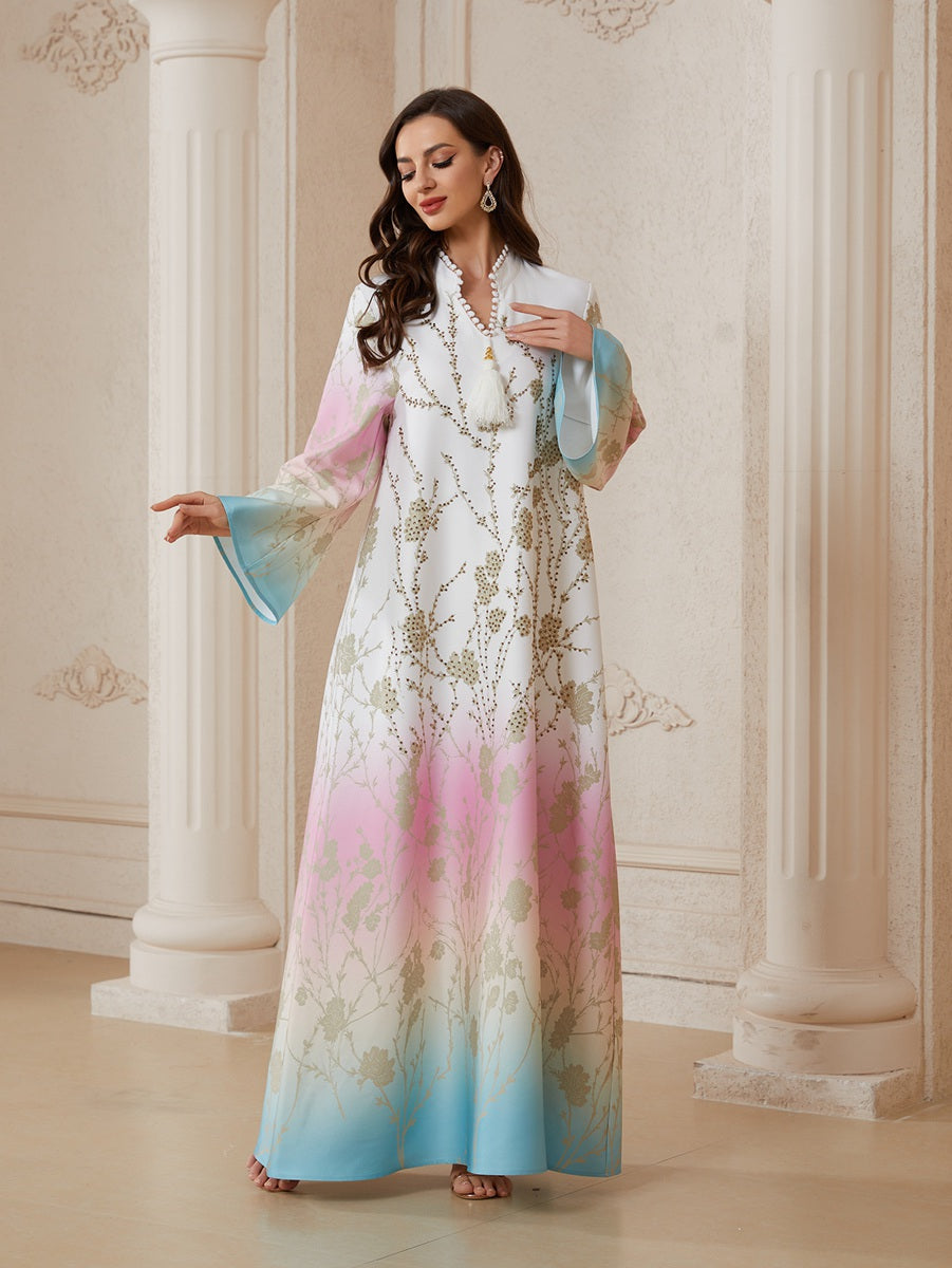 Eid Hotfix Rhinestones Beads Gradient Color Caftan Kaftan Dress Jalabiya #26S2609