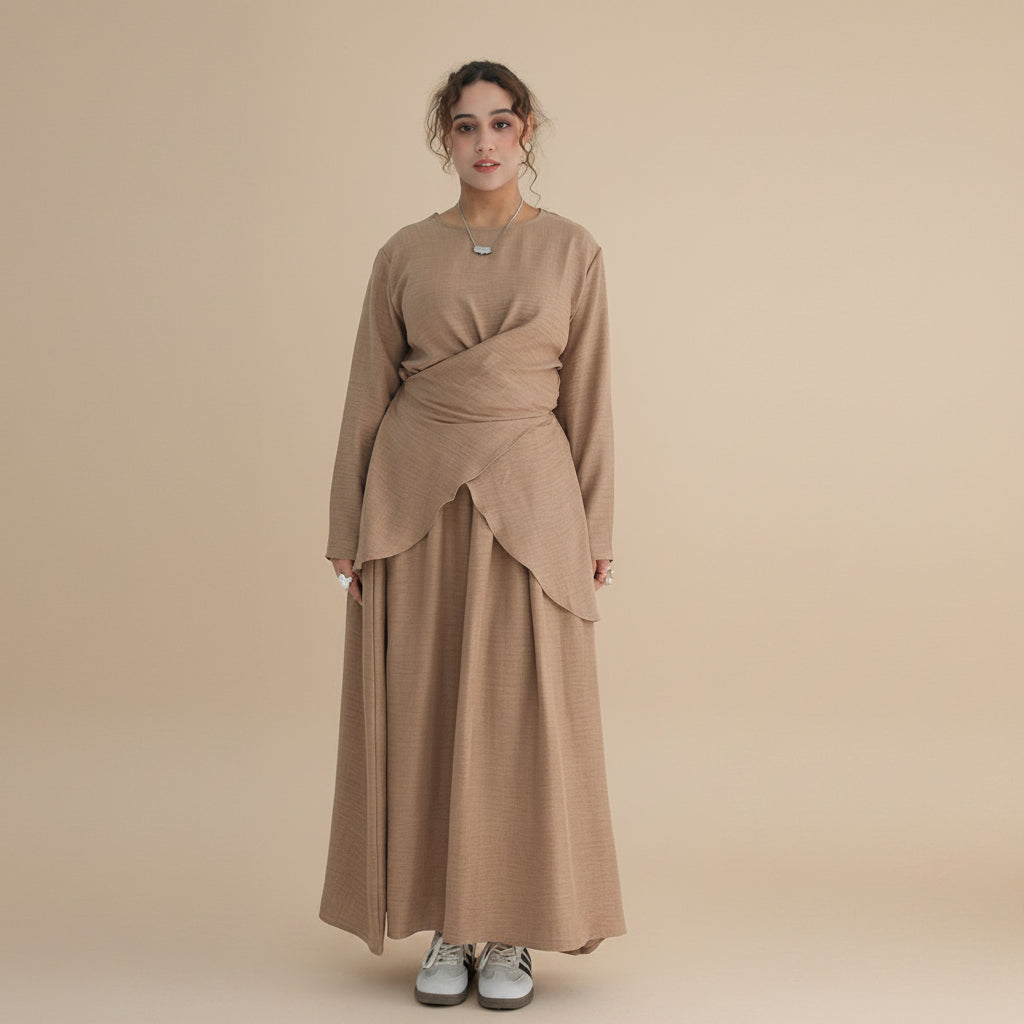 Muslim Women 2 Pieces Set Wrinkle Tops And Skirt Suit Set Abaya Daily Wear #261098