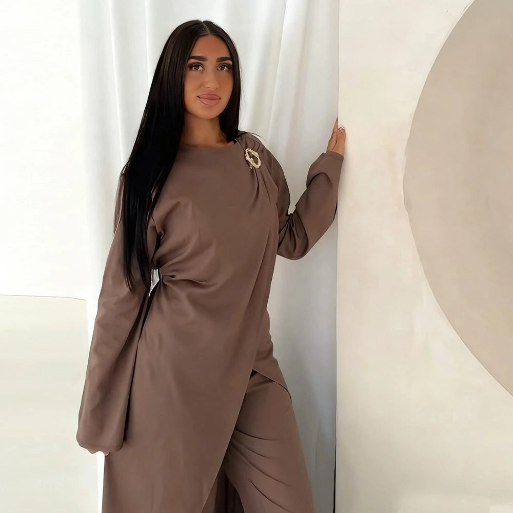 طقم ملابس يومية للنساء المسلمات مكون من قطعتين، بلوزة وبنطلون، #251103