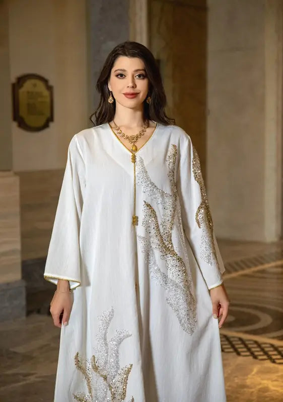 Cotton Blend Sequins Embroidery Caftan Kaftan Dress Arab Dubai