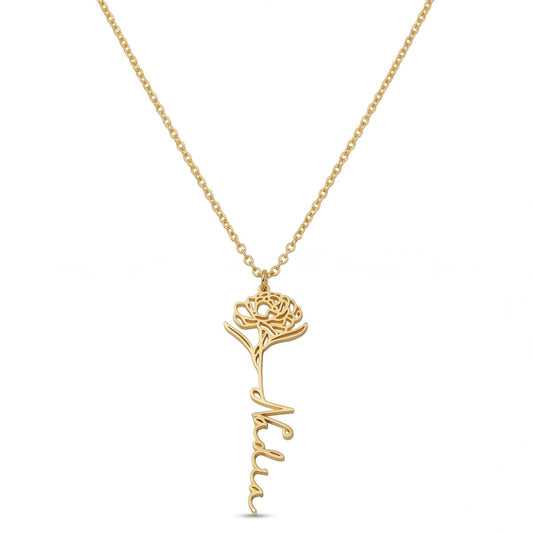 Personalized Name Necklace with Birth Flower - Arabic & English