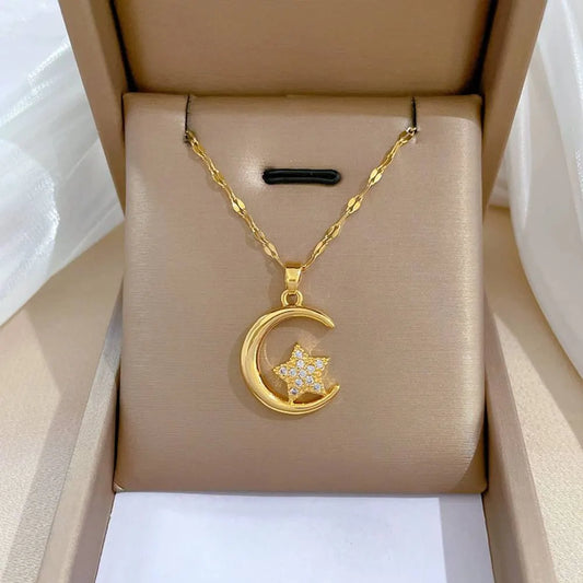 Moon And Star Necklace Titanium Steel With Box #UND316