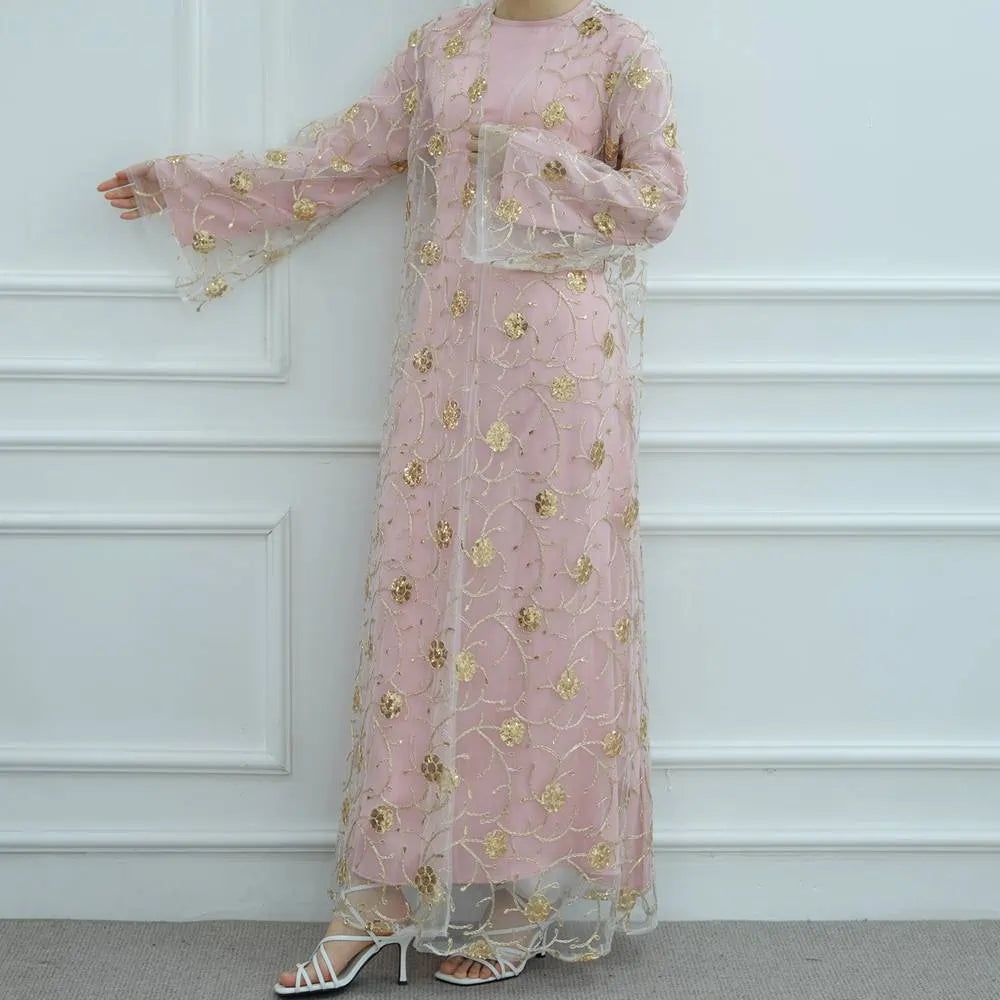 2 Pieces Set Openwork Embroidery Open Abaya Dress Set With Inner Abaya Dress #251070