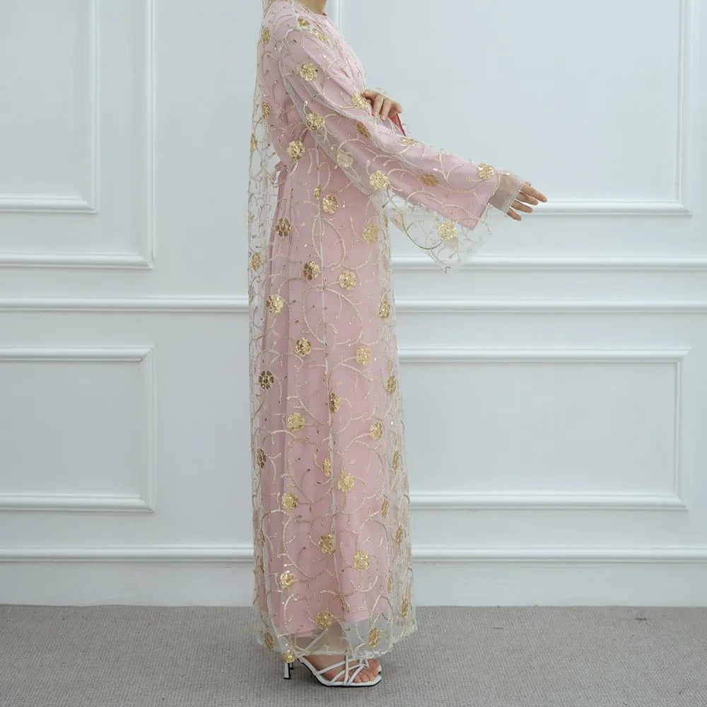 2 Pieces Set Openwork Embroidery Open Abaya Dress Set With Inner Abaya Dress #251070