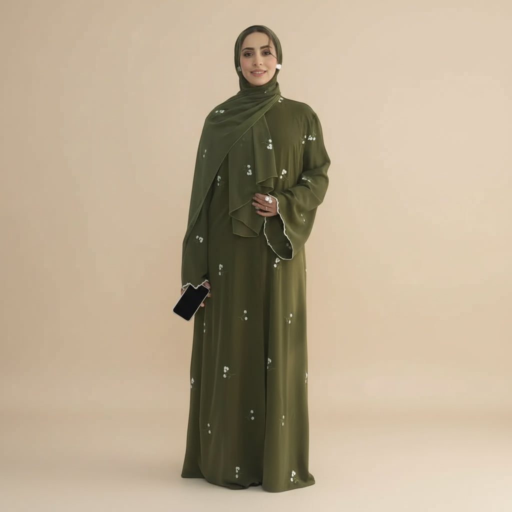 Flower Embroidery Nida Open Abaya Dress With Matching Hijab #251120