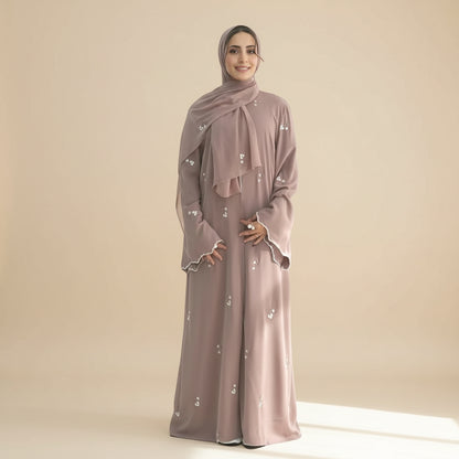 Flower Embroidery Nida Open Abaya Dress With Matching Hijab #251120
