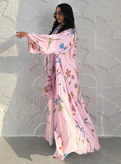 فستان عباية مفتوح من كارديجان مطبوع للنساء المسلمات مع حجاب متناسق #25252