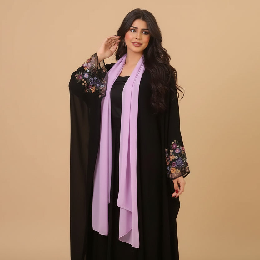 Flower Sleeve Cardigan Open Abaya Dress With Hijab #25208