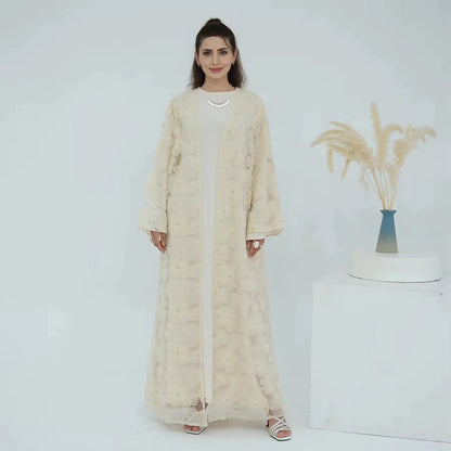 Luxury 3 Pieces Set Hand-stitched 3D Flowers Beads Open Abaya Dress Set With Hijab #251069