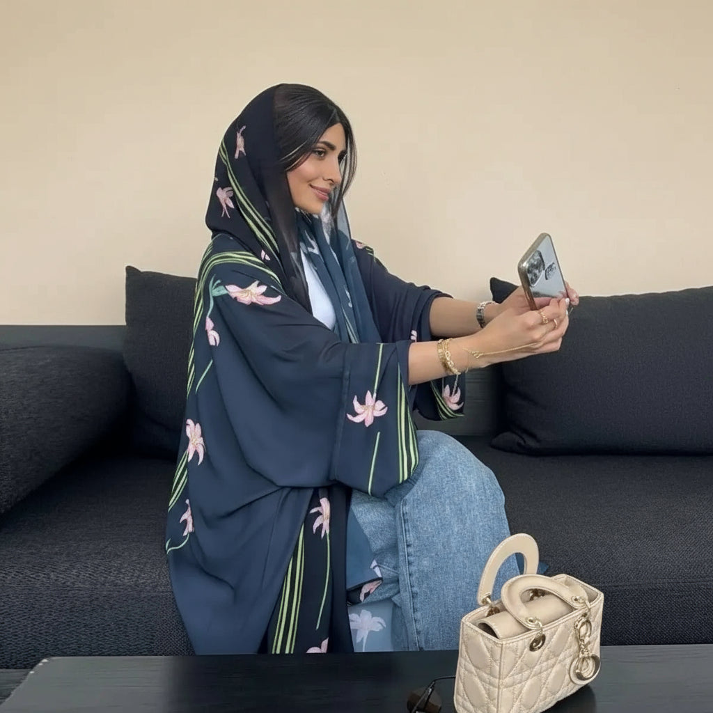 Muslim Women Dubai Printed Cardigan Open Abaya Dress With Matching Hijab #25237