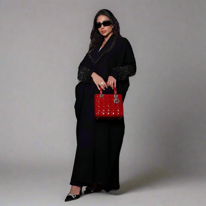 Hotfix Rhinestone Cardigan Open Abaya Dress - Black - #25206
