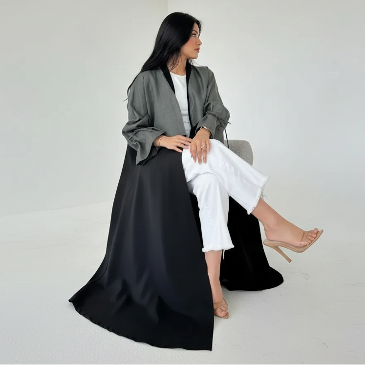 Cardigan Open Abaya Dress - Belted Cuff - Black