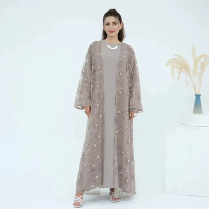 Luxury 3 Pieces Set Hand-stitched 3D Flowers Beads Open Abaya Dress Set With Hijab #251069