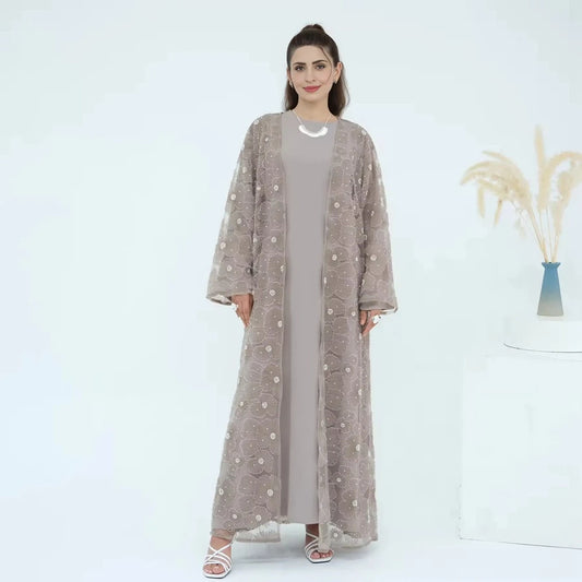 Luxury 3 Pieces Set Hand-stitched 3D Flowers Beads Open Abaya Dress Set With Hijab #251069