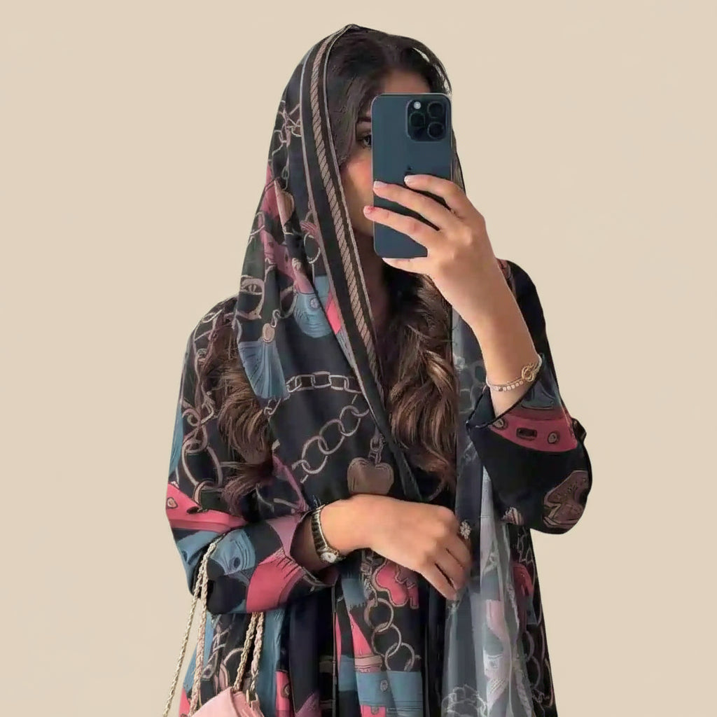 فستان عباية مفتوح من الكارديجان المطبوع مع حجاب متناسق للنساء المسلمات #25234