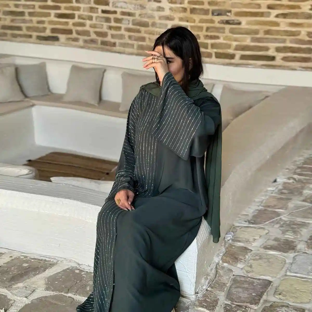 Concealed Buttons Cardigan Open Abaya Dress #25186