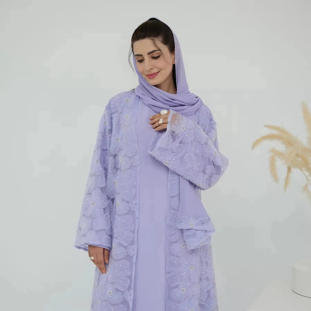 Luxury 3 Pieces Set Hand-stitched 3D Flowers Beads Open Abaya Dress Set With Hijab #251069