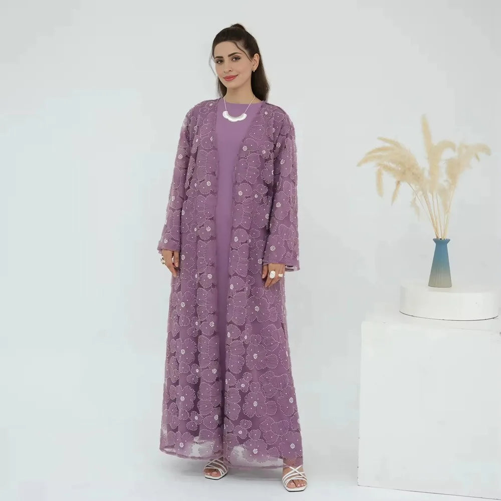 Luxury 3 Pieces Set Hand-stitched 3D Flowers Beads Open Abaya Dress Set With Hijab #251069
