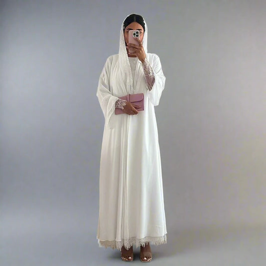 2 Pieces Set Lace Cardigan Open Abaya Dress With Matching Hijab #25221
