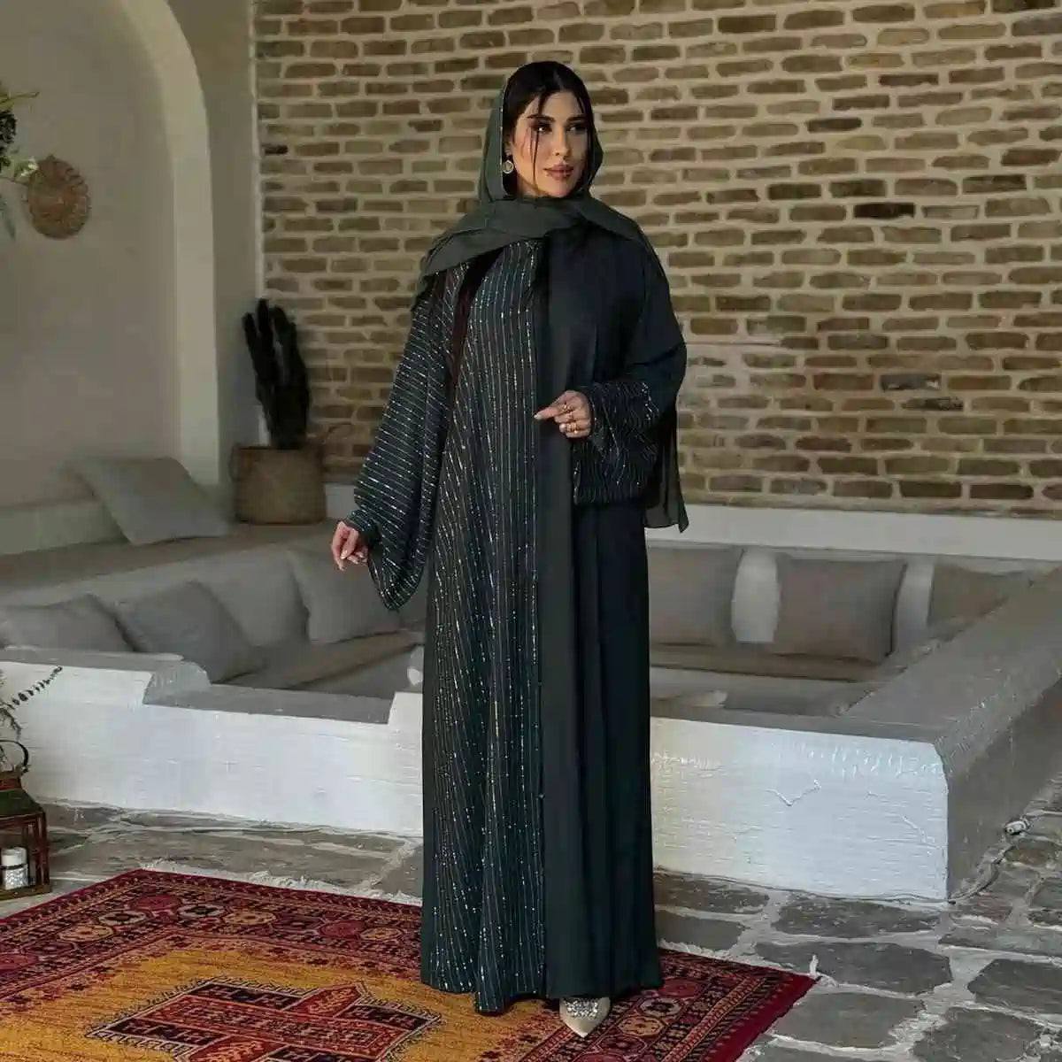Concealed Buttons Cardigan Open Abaya Dress #25186