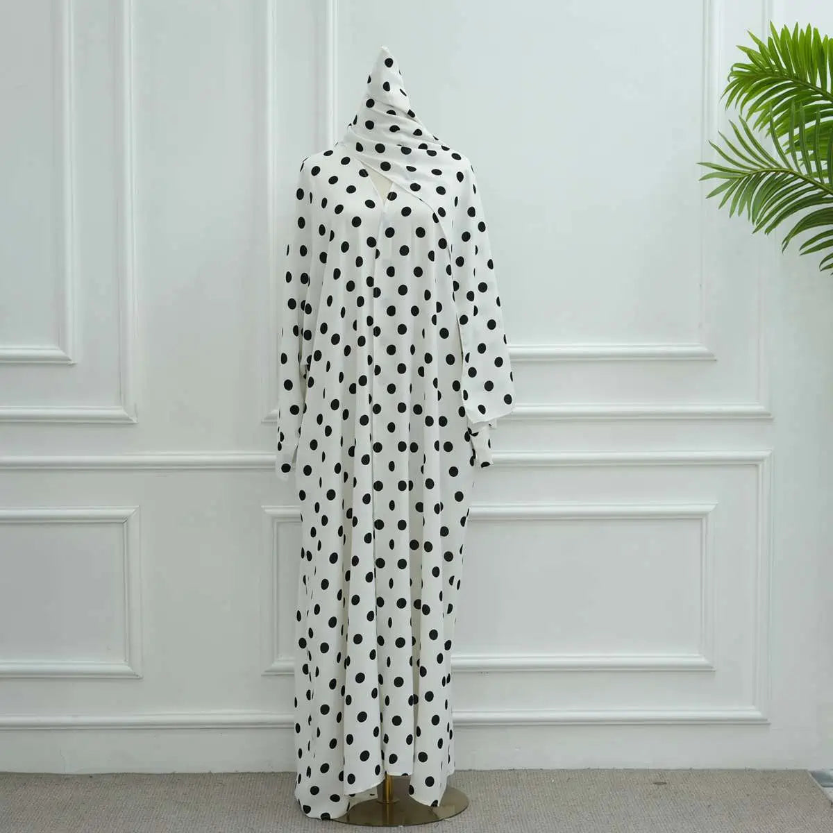 Polka Dot Print Cardigan Open Abaya Dress With Matching Hijab #251119