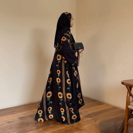 فستان عباية مفتوح من كارديجان مطبوع للنساء المسلمات مع حجاب مطابق #25254