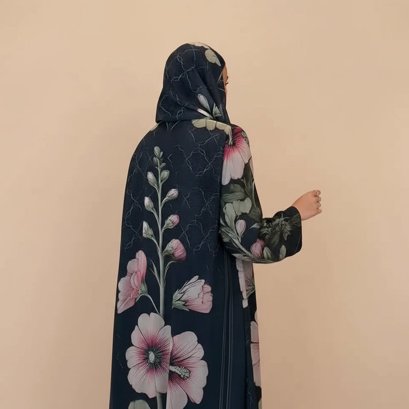 فستان عباية مفتوح من كارديجان مطبوع للنساء المسلمات مع حجاب متناسق #25239