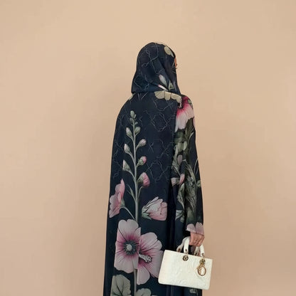 With Matching Hijab Muslim Women Printed Cardigan Open Abaya Dress #25239