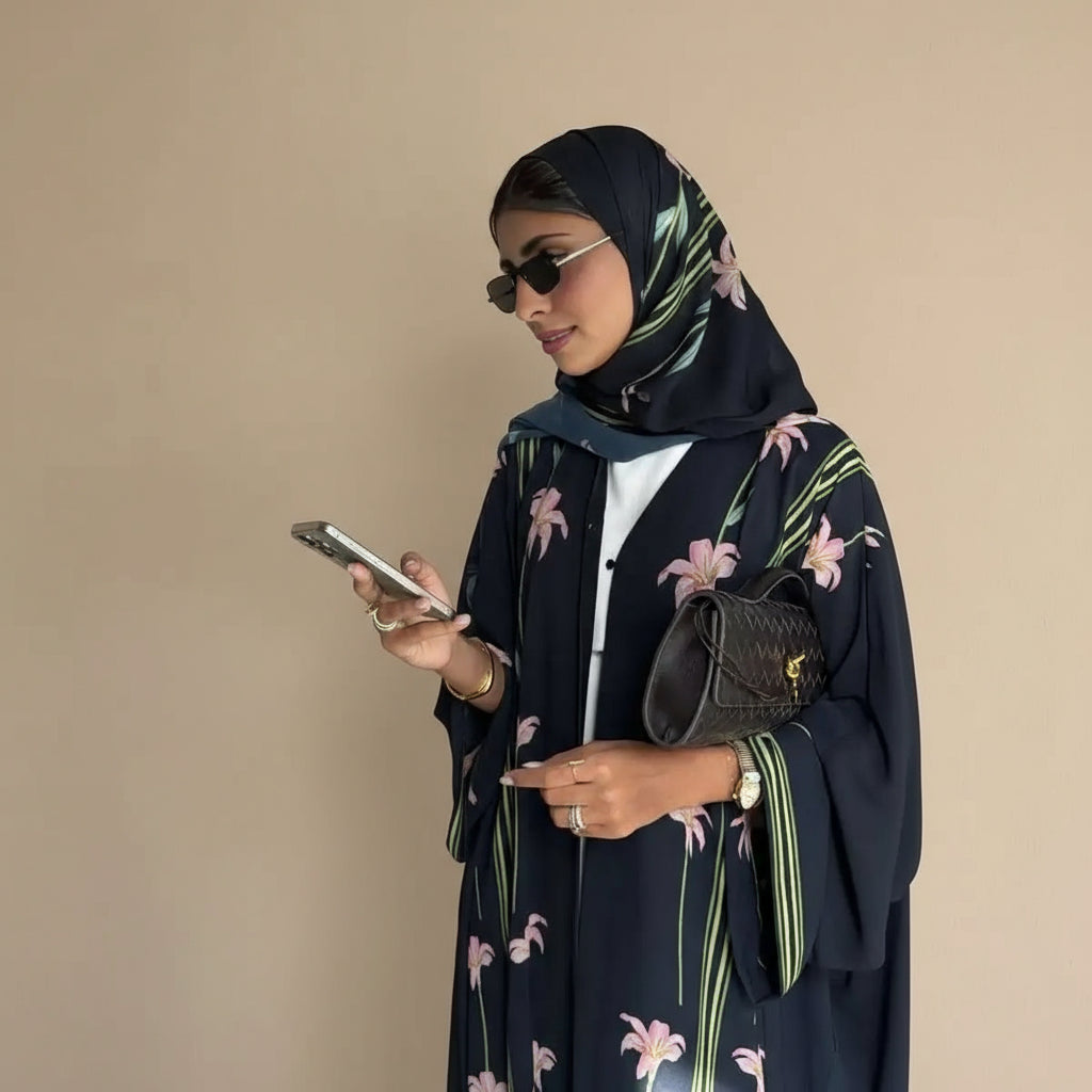 Muslim Women Dubai Printed Cardigan Open Abaya Dress With Matching Hijab #25237