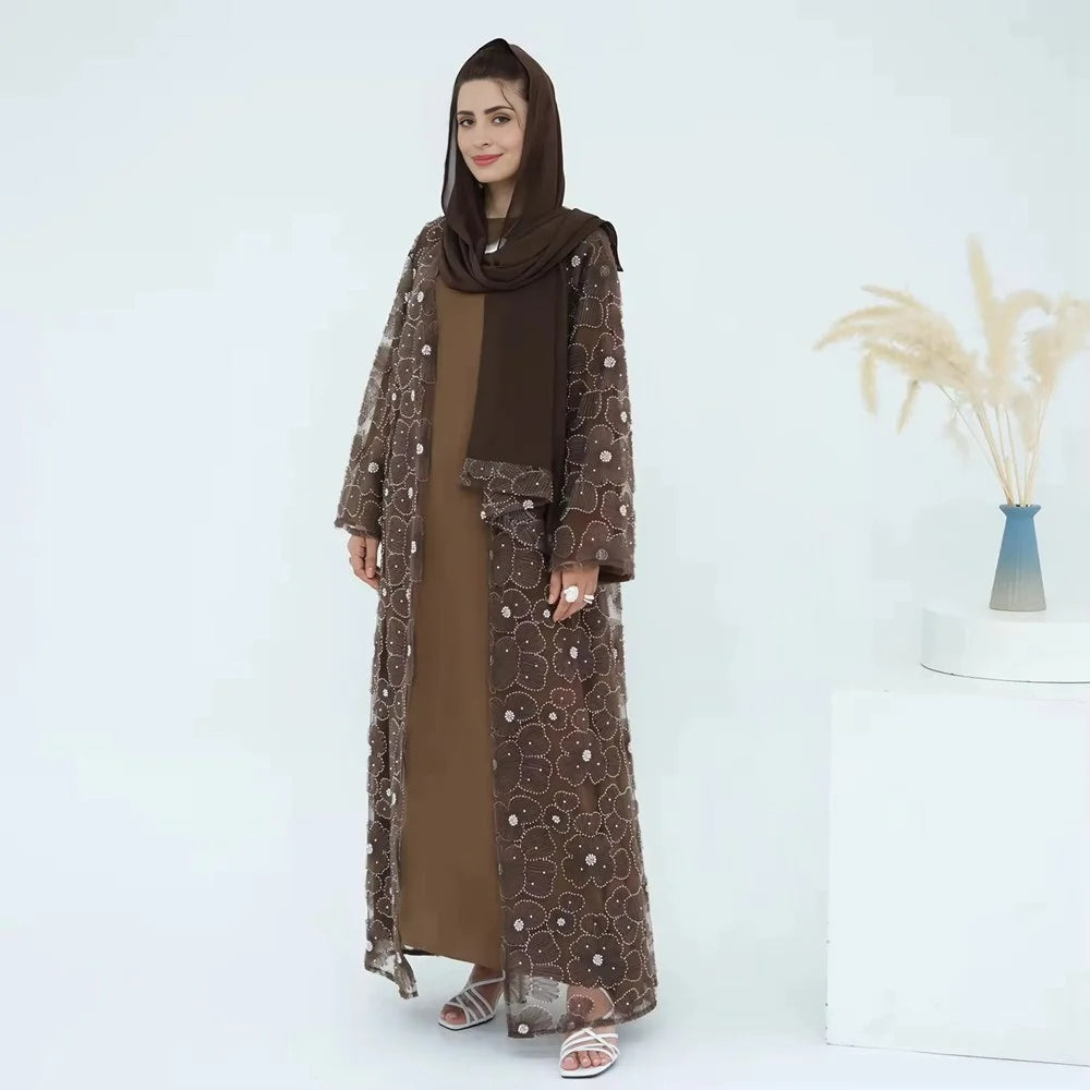 Luxury 3 Pieces Set Hand-stitched 3D Flowers Beads Open Abaya Dress Set With Hijab #251069