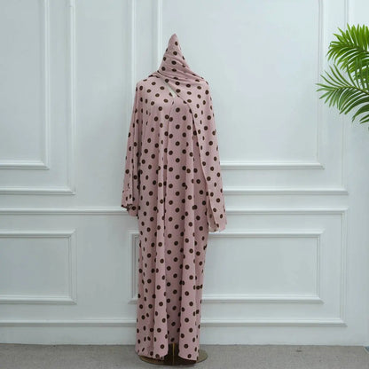 Polka Dot Print Cardigan Open Abaya Dress With Matching Hijab #251119