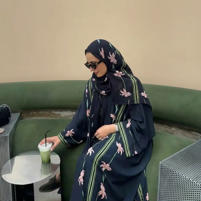 Muslim Women Dubai Printed Cardigan Open Abaya Dress With Matching Hijab #25237