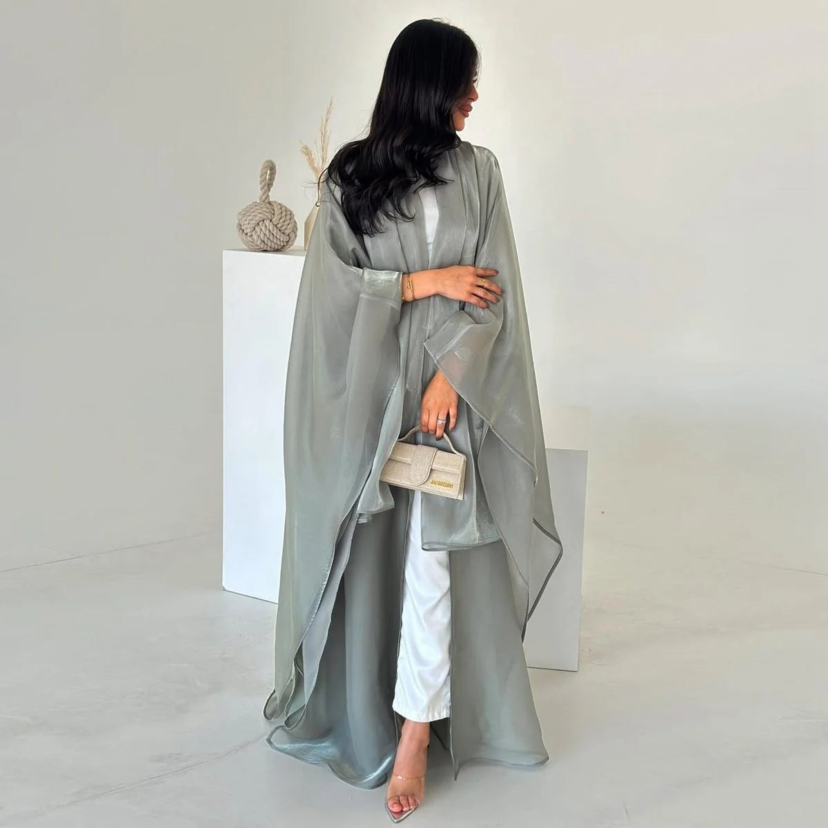 Shiny Satin Open Abaya Dress With Matching Hijab #25230