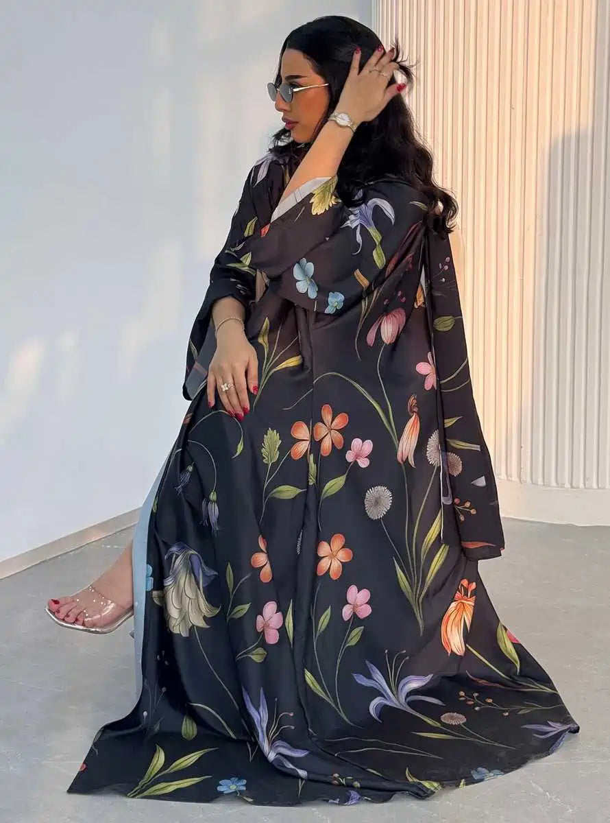 فستان عباية مفتوح من كارديجان مطبوع للنساء المسلمات مع حجاب متناسق #25252