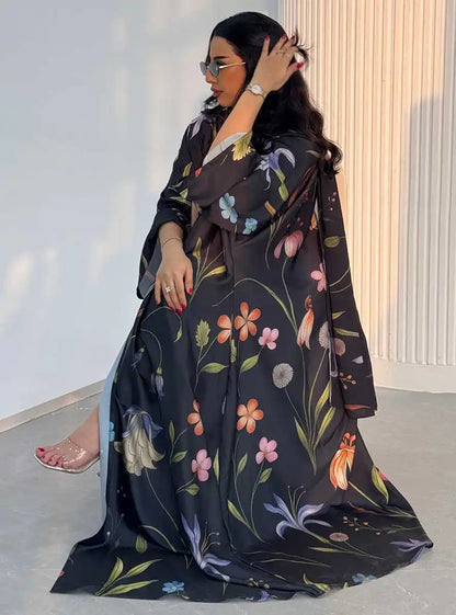 فستان عباية مفتوح من كارديجان مطبوع للنساء المسلمات مع حجاب متناسق #25252