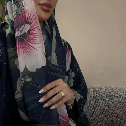 With Matching Hijab Muslim Women Printed Cardigan Open Abaya Dress #25239