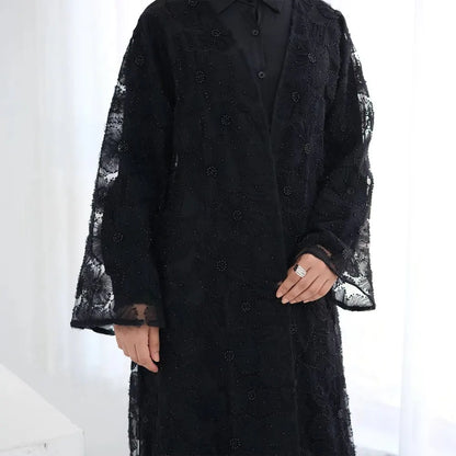 Luxury 3 Pieces Set Hand-stitched 3D Flowers Beads Open Abaya Dress Set With Hijab #251069