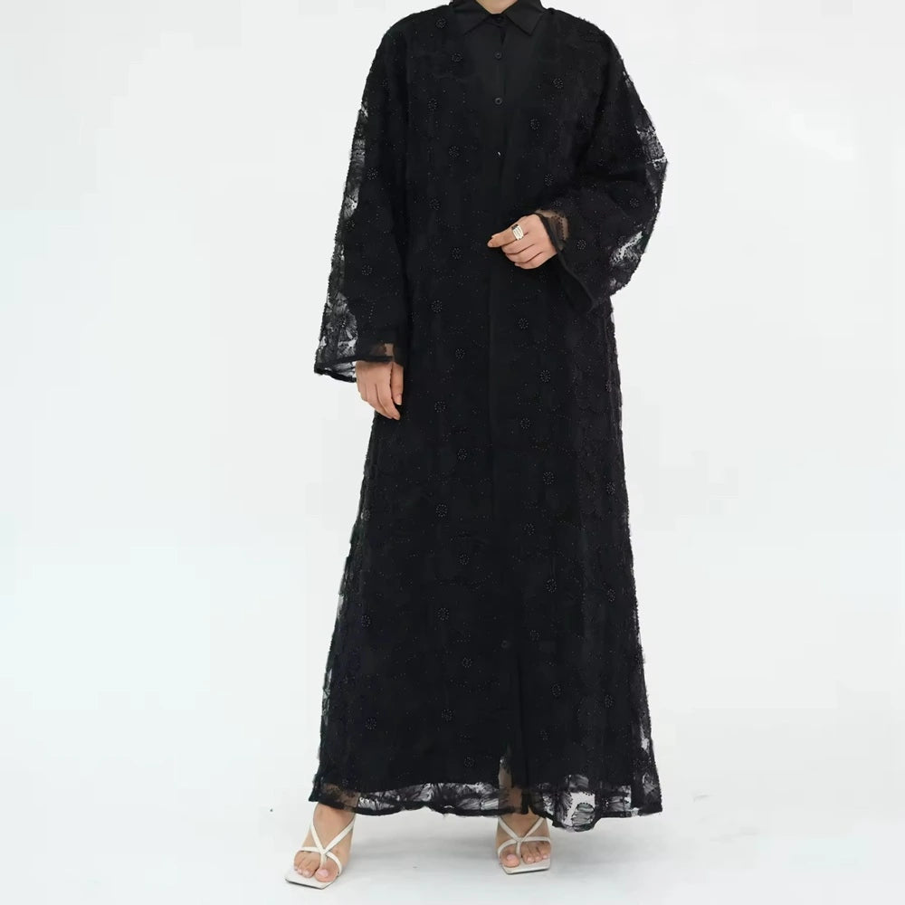 Luxury 3 Pieces Set Hand-stitched 3D Flowers Beads Open Abaya Dress Set With Hijab #251069