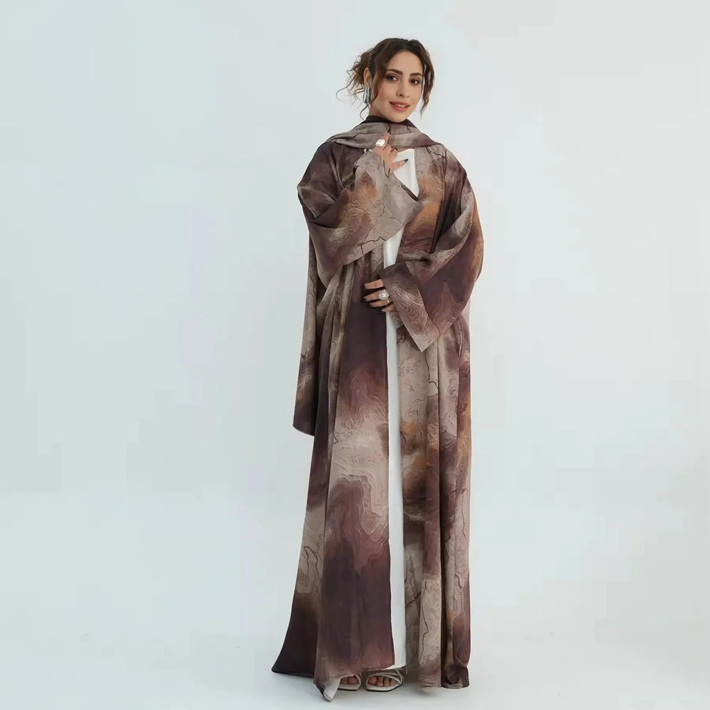 Muslim Women Printed Open Abaya Dress With Matching Hijab #251158