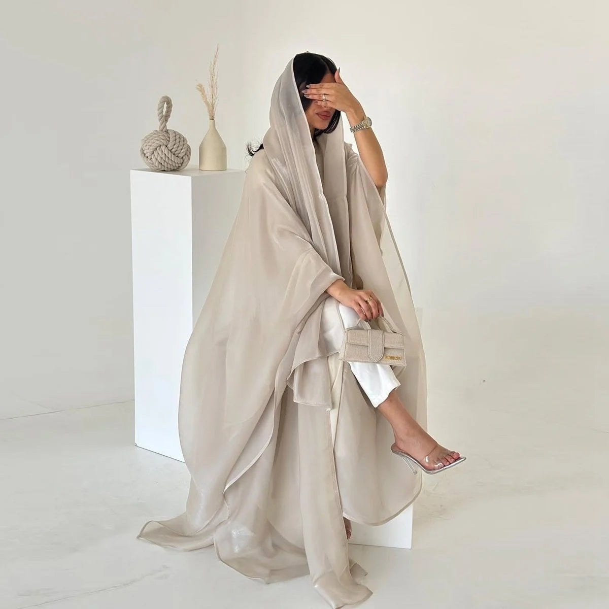 Shiny Satin Open Abaya Dress With Matching Hijab #25230