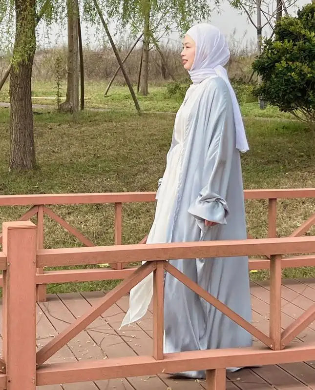 Puff Sleeve Satin Cardigan Open Abaya Dress Muslim Women