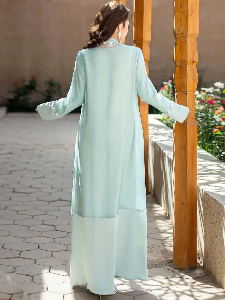 Hand-stitched Rhinestone 2 Pieces Set Open Abaya Dress Set With Inner Dress #255188