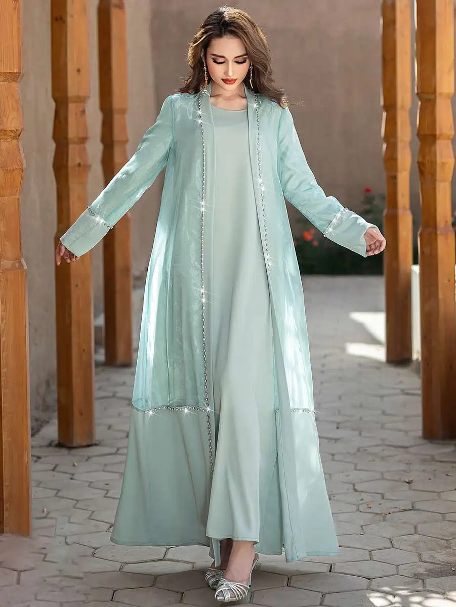 Hand-stitched Rhinestone 2 Pieces Set Open Abaya Dress Set With Inner Dress #255188