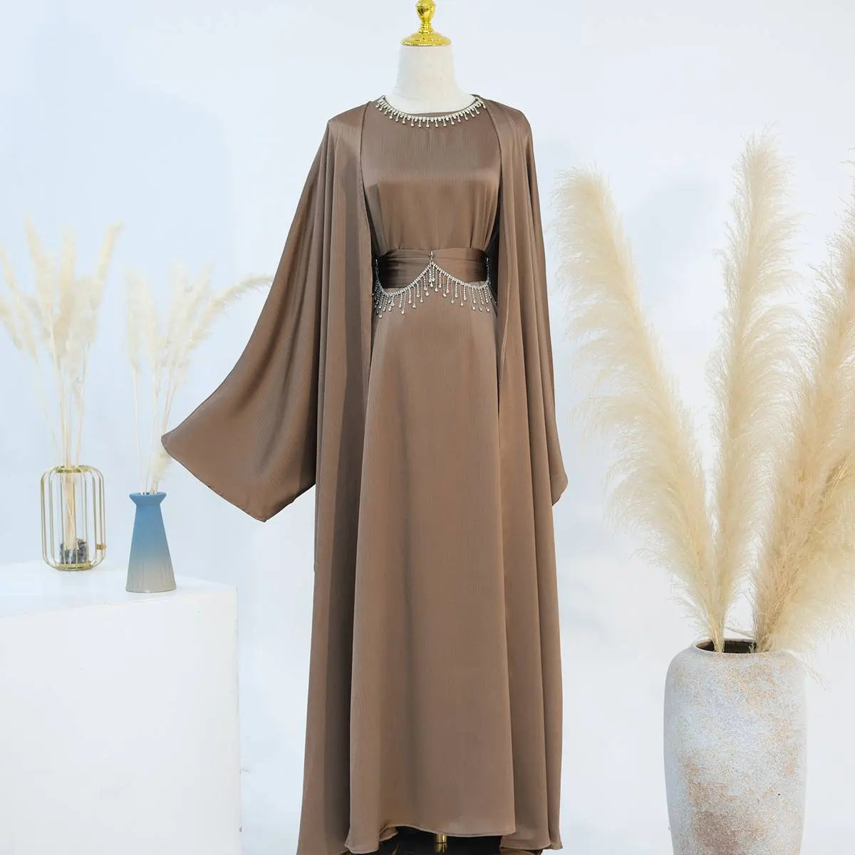 Wrinkle Satin 2 Pieces Set Open Abaya Dress #24806