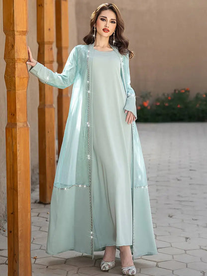 Hand-stitched Rhinestone 2 Pieces Set Open Abaya Dress Set With Inner Dress #255188