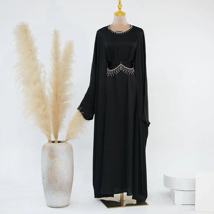 Wrinkle Satin 2 Pieces Set Open Abaya Dress #24806