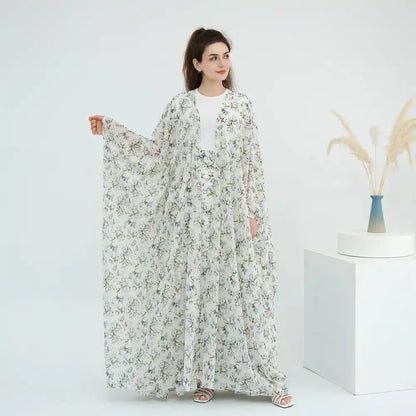 2 Pieces Set Chiffon Printed Open Abaya Dress With Skirt #251031
