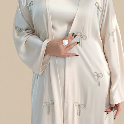 2 Pieces Set Hot-fix Rhinestone Bows Open Abaya Dress - With Inner Sleeveless Abaya Dress - #261181
