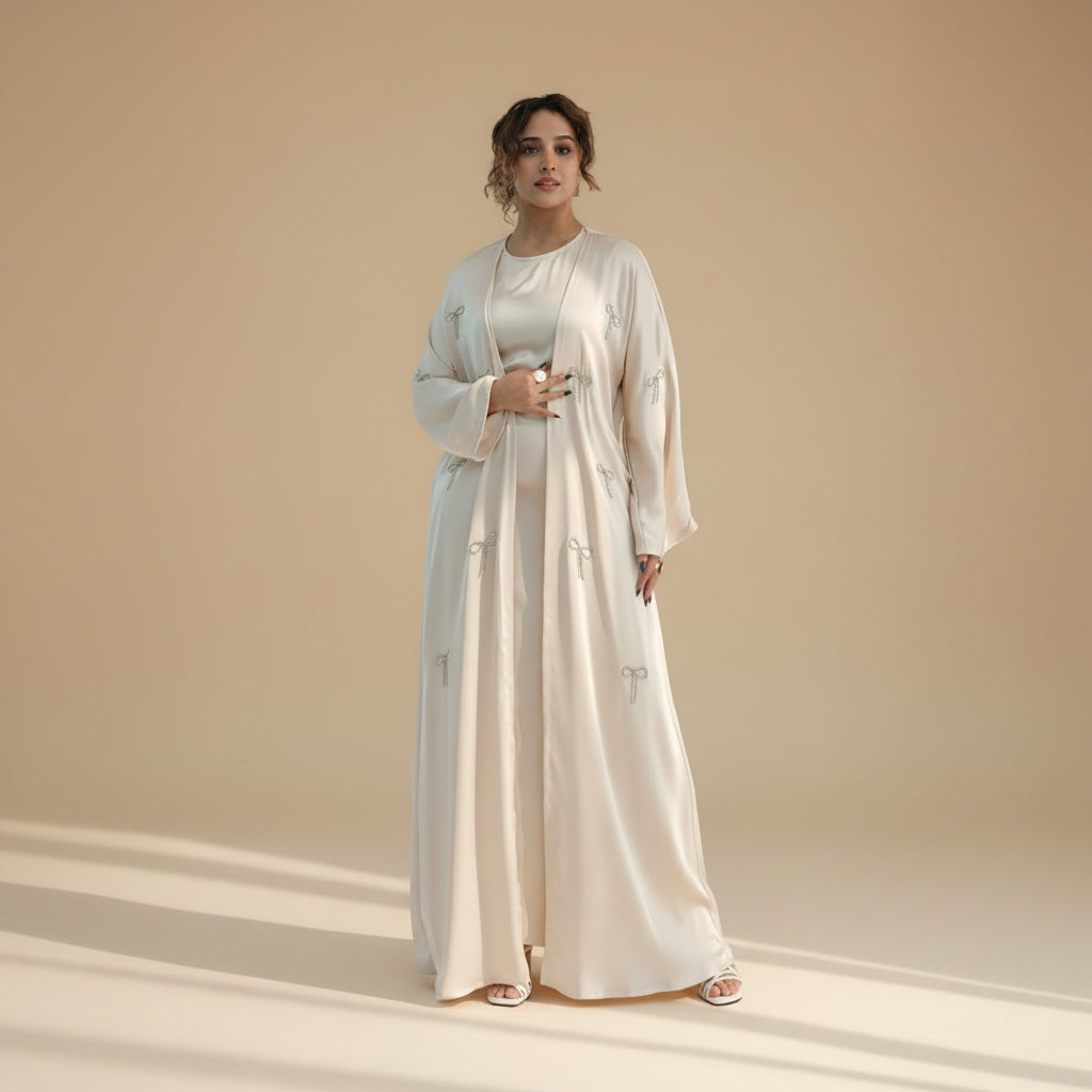 2 Pieces Set Hot-fix Rhinestone Bows Open Abaya Dress - With Inner Sleeveless Abaya Dress - #261181
